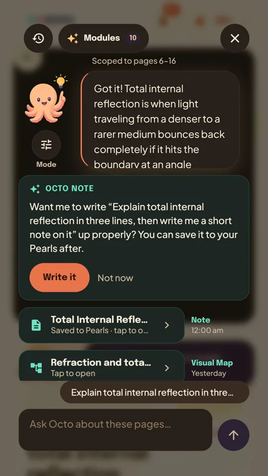 Real Octo Chat answer with a prompt to save a note and nearby study modules
