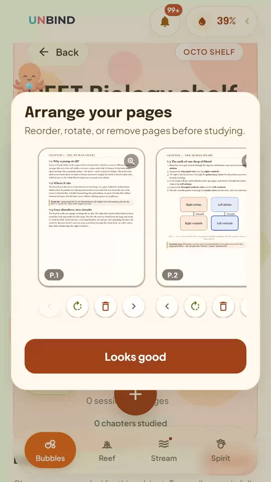 Real Unbind arrangement screen with two photographed heart chapter pages